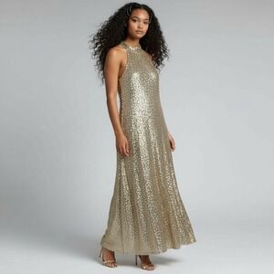 Ann Taylor Gold Holiday Party Dress Sequin Halter Neck Maxi  Size 4